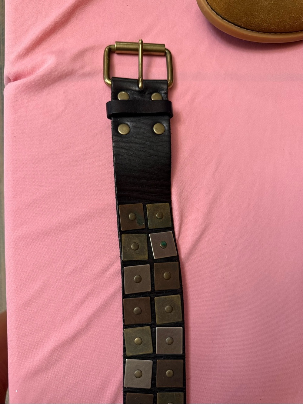 Linea Pelle Black Leather Stud Belt with Brass Buckle